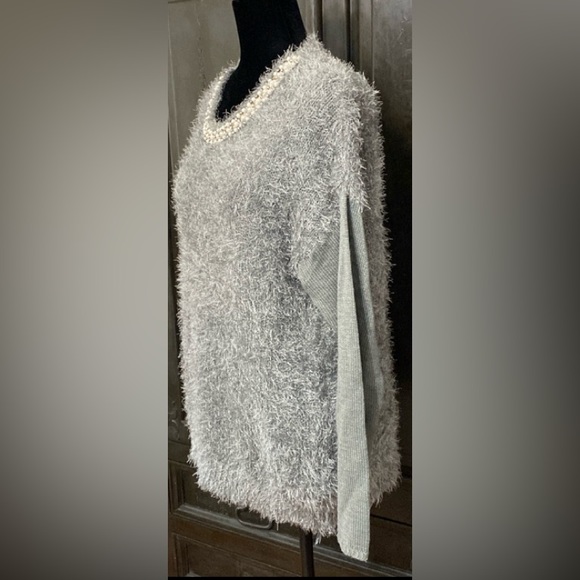 Questions by Say What? Gray fluffy sweater w/rhinestones &beads- medium - Picture 2 of 11